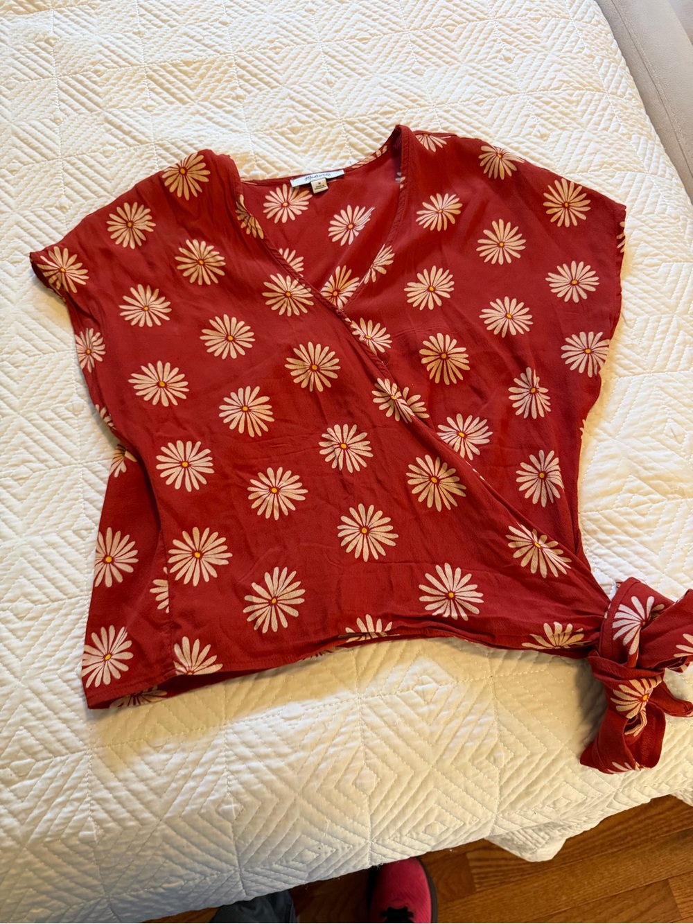 Madewell Red Floral Wrap Crop Top with Cream Daisies